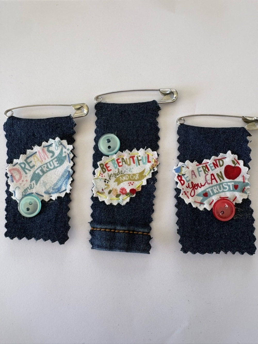 1 Disney Fabric Handmade Upcycled Denim Safety Pin Charm with Button